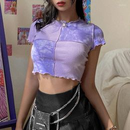 Women's T Shirts Imcute Women T-Shirts Ruffles Crop Tops Tie Dye Sequined Patchwork Party O-neck Short Sleeve Summer Purple Blue Tees