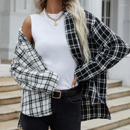 Women's Jackets Women Tweed 2023 Casual Loose Fashion Black White Houndstooth Coats Female Autumn Vintage Thick Plaid Coat Girls Chic