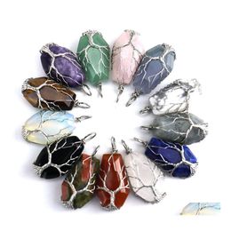 Pendant Necklaces Natural Stone Crystal Lucky Coffin Charms Tree Of Life Wire Wrap Amethyst Tiger Eye Rose Quartz Wholesale Jewellery Dh02Q