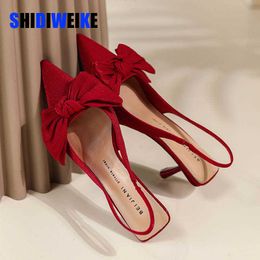 SDWK 7cm New Spring Silk Butterfly-knot Women Pumps Slingback Pointed Toe Low Heel Ladies Shoes Red Black Sandals 0220