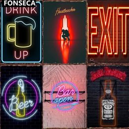 Neon Bar Open Decoration Metal Tin Sign Neon Metal Signs Tin Plates Wall Decor Room Decoration Retro Vintage Home Man Cave Cafe Club Decor personalized size 30X20 w01