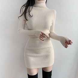 Casual Dresses Spring Fashion Cute Slim Fit Party Dress Long Sleeve 2 Colour High Neck Women's Knitted Skinny Retro