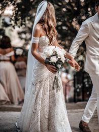 Bohemian Lace Mermaid Wedding Dresses With Detachable Sleeves Sweetheart Long Country Bridal Gowns 2023 Summer Beach Bride Dress