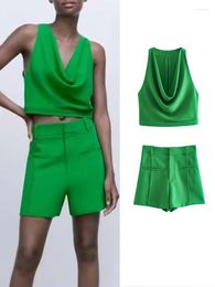 Women's Tracksuits 2023 Ladies Short Sets Pretty Thin Green Sleeveless Pile Collar Tops Zipper Trousers Pockets Basic Suits