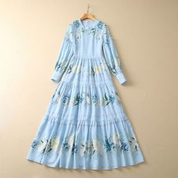 2023 Spring Sky Blue Floral Print Beaded Dress Long Sleeve Round Neck Sequins Midi Casual Dresses S3F131623