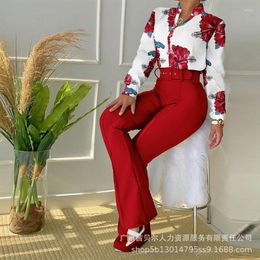 Women's Two Piece Pants Women Casual Tracksuit Outfits Streetwear Leaf Print Buttoned Shirt Top & High Waist Flare Set