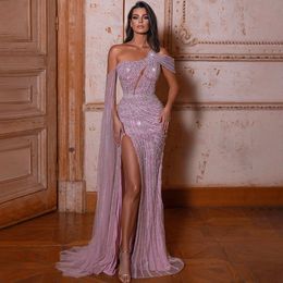 Party Dresses Serene Hill Pink OneShoulder Luxury Mermaid Beaded Cape Sleeve Evening 2023 Elegant Gowns For Women LA71589 230220