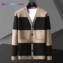 Men's Sweaters Men's Sweaters Plus Size Black Loose Cardigan Trendy Khaki Striped Korean Fashion Color Contrast Pocket Knit Sweater 022023H