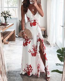 Casual Dresses Summer Women Floral Print Maxi High Slit Dress 2023 Femme Elegant Ruffles V-Neck Sleeveless Overalls Office Lady Outfits