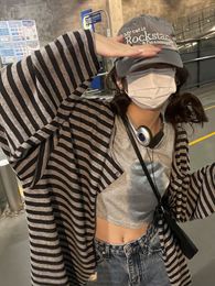 Women's T-Shirt Harajuku Y2k Top Black Grey Striped Cardigan Autumn Loose Casual Long-Sleeved Top Woman Clothes Grunge Korean Fashion 230220