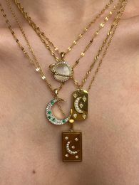 Chains Trend Elegant Jewelry Zircon Inlaid Moon Star Square Pendant Necklace Golden Color Unquie Women WholesaleChains