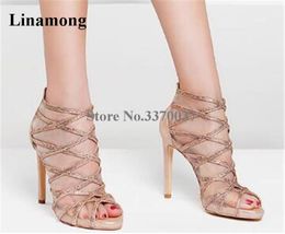 Sandals Women Fashion Open Toe Bling Rhinestone Thin Heel Gladiator Mesh Gold Black Crystal Strap Cross High