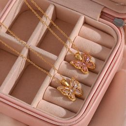 Pendant Necklaces Hollow Pink Zircon Butterfly Stainless Steel Collar Necklace Gold Color Texture Creative Stylish Jewelry