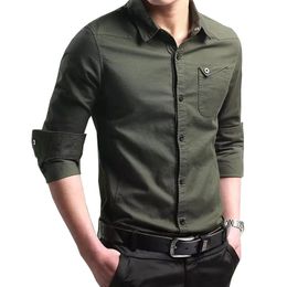 Mens Shirt Business Casual Shirts Men Clothing Army Green Long Sleeve Masculina
