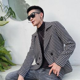 Men's Suits Autumn Houndstooth Coat Man Suit Collar Double Breasted Men Blazer Slim Fit Jacket Hippie Clothes Japanese Clothing 2023