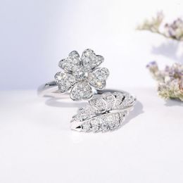 Cluster Rings Exquisite Flower Leave Silver Plate White Zircon Ring Jewelry 925 Stamp Personality Leaf Crystal Temperament Opening