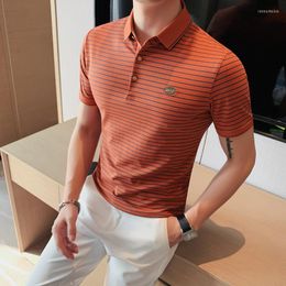 Men's Polos 2023 British Style Polo Shirt Summer Fashion Men Short Sleeve Thin Elastic T-shirt Man Stripe Hit Colour Slim Fit Business