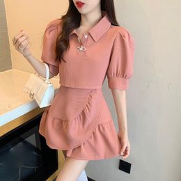 Work Dresses 2023 Summer Korean Women Two Piece Set Puff Sleeve Crop Top & Mini Ruffle A-line Skirt Fashion Casual Chic Lady Sweet Suit