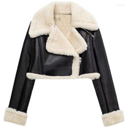 Women's Fur Women Winter Faux Leather Jacket Fashion Long Sleeve Lapel Fleece Linen Coat Lady Single Breasted Motorcycle Warm Outwear