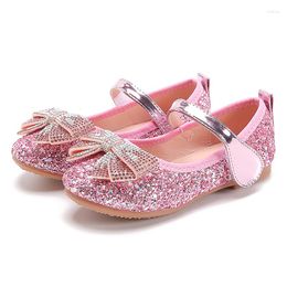 Flat Shoes Girls Bow Rhinestones Princess PU Blue Pink Silver Colour For Kids Children Performance Show Party Gift