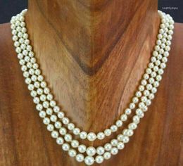 Chains Triple Strands 8-9mm South Sea Round White Pearl Necklace 17"-19" Yellow Clasp