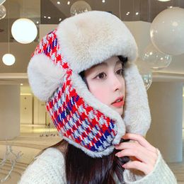 Berets HT4134 Winter Hats For Women Ladies Plaid Earflap Cap Female Thick Warm Russian Fur Hat Windproof Ski Trapper Bomber