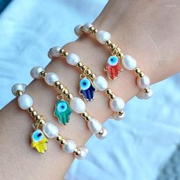 Strand 6Pcs Turkish Eye Lampwork Hamsa Hand Charm Bracelet Bangles Handemade Natural Pearl Beaded Jewelry Gift Women Girls Gifts