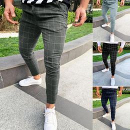 Men's Pants Fashion Jean Cut Little Men Casual Plaid Print Drawstring Elastic Waist Long Trousers