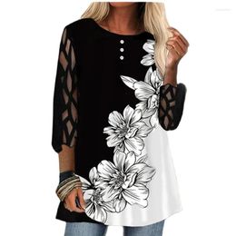 Women's T Shirts Women Lace Patchwork 3/4 Sleeve Tops Ladies Buttons Round Neck Shirt Loose Large Size Floral Printed Casual T-Shirts