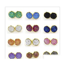 Stud Fashion 12Colors Round 12Mm Resin Druzy Drusy Earrings Gold Colour Handmade For Women Jewellery Drop Delivery Dhvdf