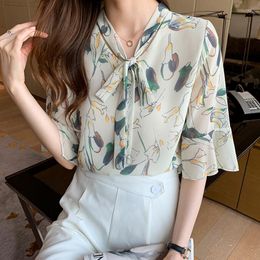 Women's Blouses Print Floral Chiffon Blouse Bow 2023 Summer Tops Japan Style Short Sleeve Pullover Korean Clothes Women Shirts Chemisier