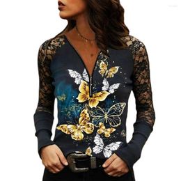 Women's T Shirts Butterfly Printed Long Sleeve Street T-Shirts Women Lace Stitching Top Half Zipper V-Neck Sexy Lady Shirt Femme Clothing