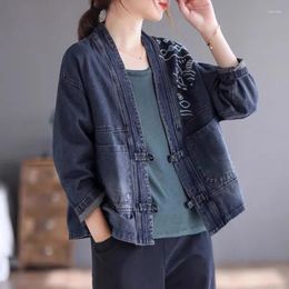 Women's Jackets 2023 Spring/Autumn Women Casual Loose V Neck Long Sleeve Coat Embroidery Cotton Denim Single Breasted Coats Outerwear Female