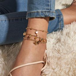 Anklets 3Pcs/set Beach Leg Bracelet For Women Bohemian Charm Beaded Heart Lock Shaped Pendant Gold Anklet Foot Summer Jewelry