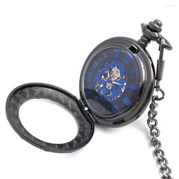 Pocket Watches Blue Dial See Though Black Case Clock Skeleton Watch Mechanical Men Vintage Hand Wind ClockPocket W/Chain