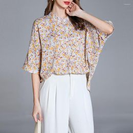 Blusas femininas mangas curtas quimise femme botão para cima Blush Women Stand Collar Camisas de Mujer Floral Print Et Chemises Soly Type Top Top