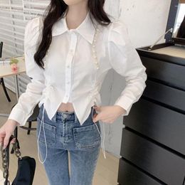 Women's Blouses Fashion Chic Lapel Women Beading Drawstring Shirt Woman Irregular Oversize Crop Top Blusas Shirts Fall 2023 Femme Clothe