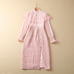 2023 Spring Pink / Blue Panelled Tweed Split Dress Long Sleeve Stand Collar Buttons Midi Casual Dresses S3F131623 Plus Size XXL