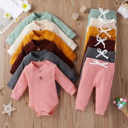 Clothing Sets Infant Born Baby Girl Boy Spring Autumn Ribbed Solid Clothes Long Sleeve Bodysuits Elastic Pants 2PCs Outfits