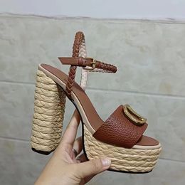 Womens high heeled sandals ankle band designer high quality woven Lafite straw shoes cow leather 13CM heel thick platform casual sandals factory shoe
