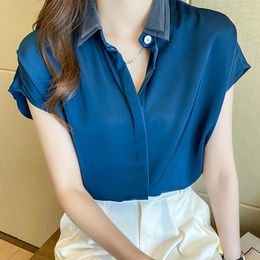 Women's Blouses Batwing Sleeve Short Mesh Satin Blue Women Blouse Slim White Shirt Woman Clothes 2023 Summer Tops Korean Fashion Chemisier