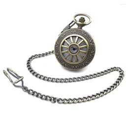 Pocket Watches Bronze Tone Skeleton Steampunk Hollow Case Quartz Movement Mens Watch W/Chain Half Nice Gift