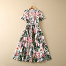 2023 Spring White / Red Floral Print Belted Dress Short Sleeve Round Neck Cotton Midi Casual Dresses S3F131623