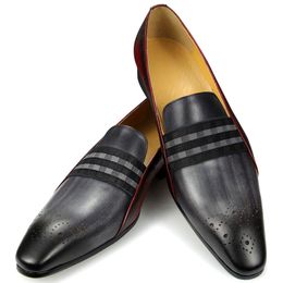 Dress Shoes Loafer Men Fashion Cowhide Shoes Casual Gentleman Party Wedding Leather Grey Red Mixed Striped Elastic Band Footwear 230220