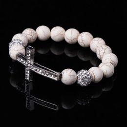 Strand Beaded Strands Beading Bracelet White Stone Rhinestone Bangle Elastic Natural Stones Beads Charms Men Women Jewelry Cross Pendant