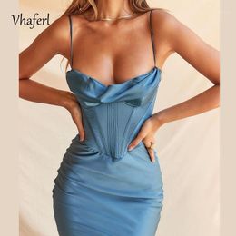 Casual Dresses Vhaferl Summer Spaghetti Knee Length Woman Satin Sexy Padded Bustier Corset Solid Colour Dress Elegant Party Vestidos