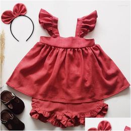 Clothing Sets Summer 05Yrs Korean Style Baby Girl Set Cotton Linen Solid Colour Sleeve Tshirt Shorts Kids Clothes Suit Drop Delivery Dhrff