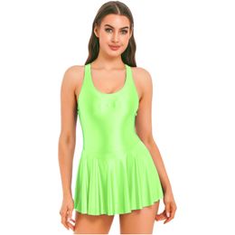 Casual Dresses Female U Neck Leotard Mini Glossy Tank Dress OnePiece Swimsuit Swimwear Sleeveless Nightclub Vestido Costume 230220