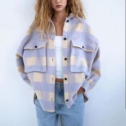 Women's Jackets 2023 Cute Girls Chic Coat Sweet Plaid Woolen Shirt Women Fashion Pockets Turn-down Collar Check Jacket Streetwear