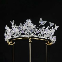 Tiaras KMVEXO Elegant Purple Crystal Rhinestone Butterfly Crowns Hairband Women Pearl Bridal Wedding Tiara Hair Accessories Jewellery Z0220